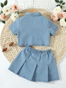 小女童翻蓋細節牛仔襯衫和拼接細節半身裙 - 淺色水洗藍 - 查看 2