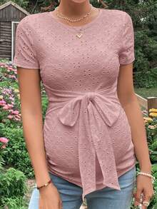 SHEIN 孕婦前繫帶網眼刺繡T恤 - 藕粉色 - 查看 4