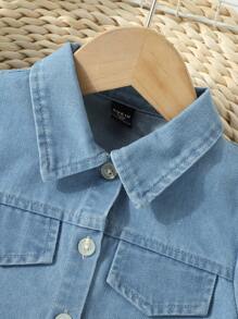 小女童翻蓋細節牛仔襯衫和拼接細節半身裙 - 淺色水洗藍 - 查看 3