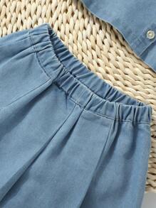 小女童翻蓋細節牛仔襯衫和拼接細節半身裙 - 淺色水洗藍 - 查看 4