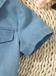 小女童翻蓋細節牛仔襯衫和拼接細節半身裙 - 淺色水洗藍 - 查看 5