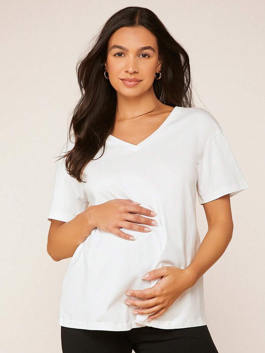 SHEIN Thai sản Cổ chữ V Áo phông trơn - trắng - Xem 1