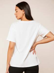 SHEIN Thai sản Cổ chữ V Áo phông trơn - trắng - Xem 2