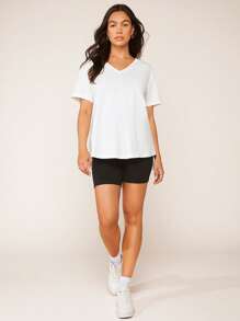 SHEIN Thai sản Cổ chữ V Áo phông trơn - trắng - Xem 3