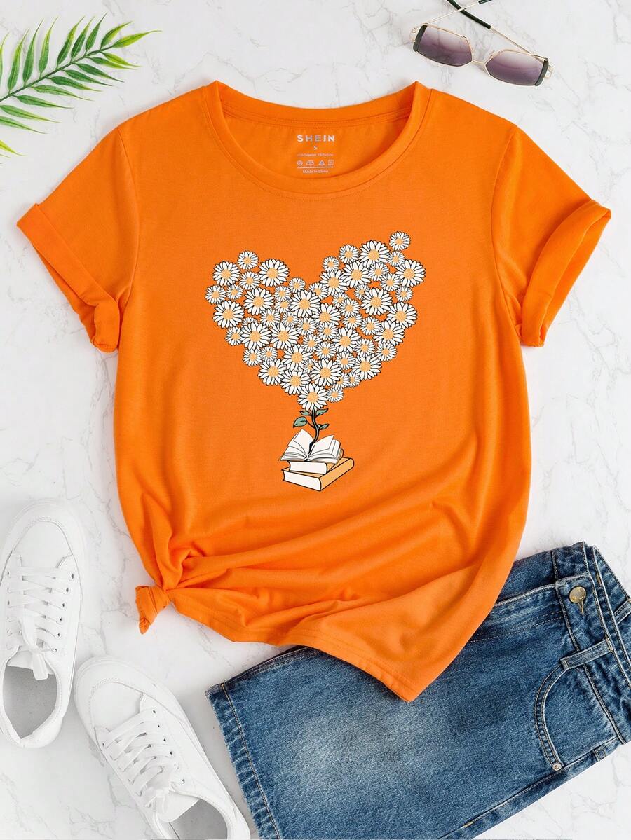 SHEIN EZwear Heart And Floral Print Tee - Orange - View 1