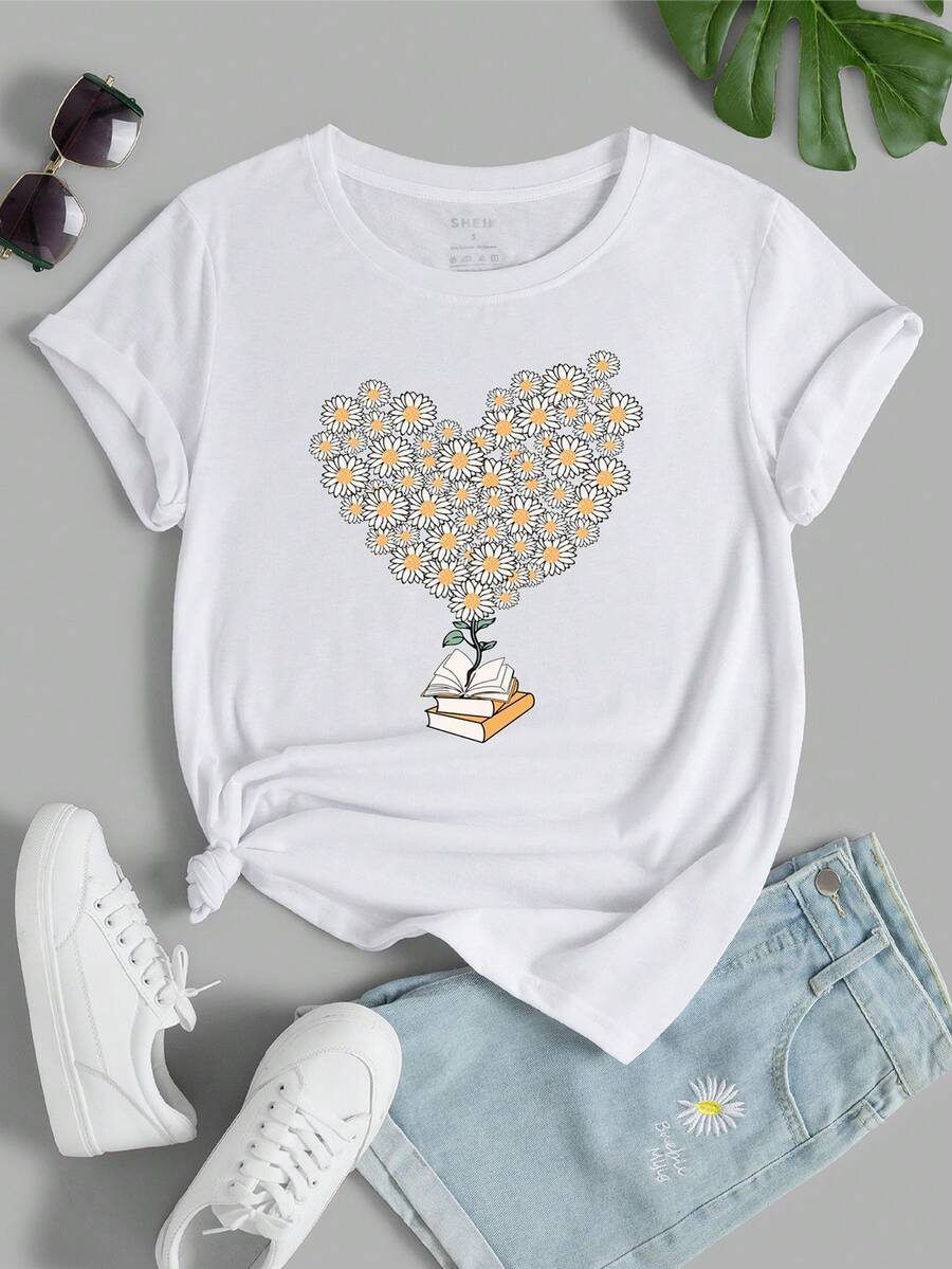 SHEIN LUNE Heart And Floral Graphic Tee - White - View 1