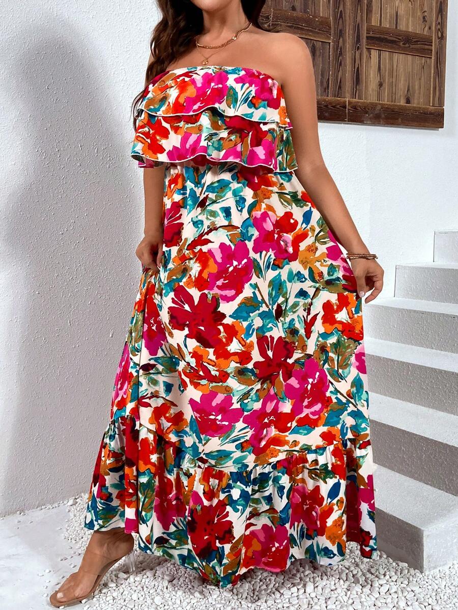 Breezaya Đầm Plus Size Xù Viên lá sen Dải chun Hoa Tất cả trên in Boho - Nhiều màu - Xem 1