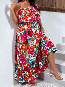 Breezaya Đầm Plus Size Xù Viên lá sen Dải chun Hoa Tất cả trên in Boho - Nhiều màu - Xem 4