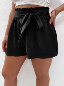 Calvaya Plus Paperbag Waist Belted Shorts - Black - View 3