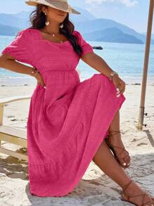 Breezaya Vestido largo con mangas abullonadas y volantes en el bajo para mujer - Rosa Fucsia - Ver 3