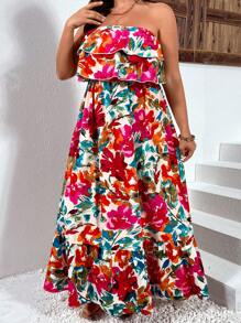 Breezaya Đầm Plus Size Xù Viên lá sen Dải chun Hoa Tất cả trên in Boho - Nhiều màu - Xem 5