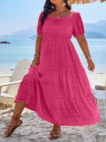 Breezaya Vestido largo con mangas abullonadas y volantes en el bajo para mujer - Rosa Fucsia - Ver 4