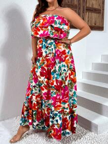 Breezaya Đầm Plus Size Xù Viên lá sen Dải chun Hoa Tất cả trên in Boho - Nhiều màu - Xem 3