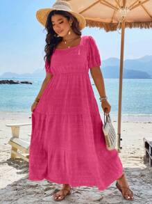 Breezaya Vestido largo con mangas abullonadas y volantes en el bajo para mujer - Rosa Fucsia - Ver 5