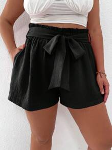 Calvaya Plus Paperbag Waist Belted Shorts - Black - View 6