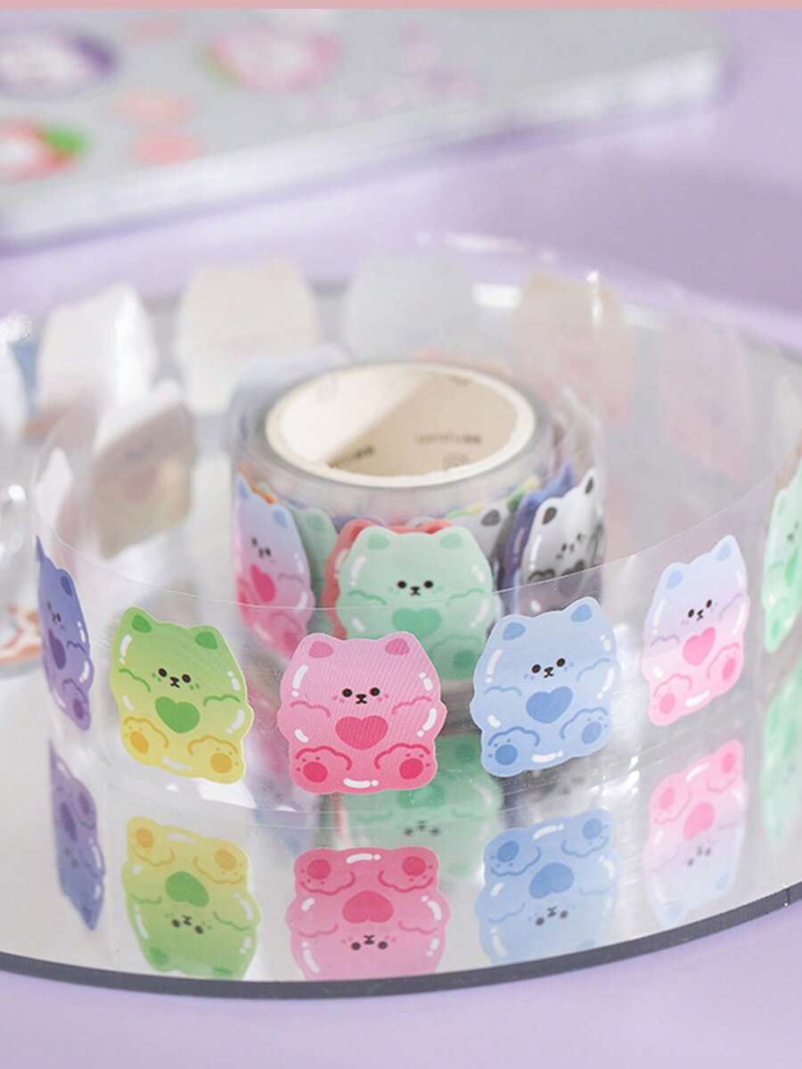 1卷卡通熊圖案什錦貼紙可愛多用途貼紙DIY工藝手帳裝飾 - 彩色 - 查看 1