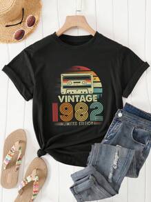 SHEIN LUNE Audiotape And Letter Graphic Tee - Black - View 1