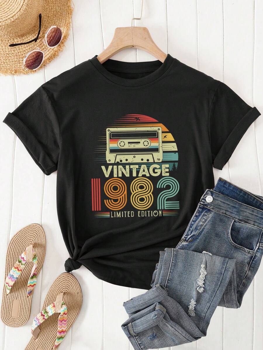 SHEIN LUNE Audiotape And Letter Graphic Tee - Black - View 1