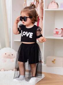 Baby Girl Mesh Puff Sleeve Top & Mesh Overlay Shorts - Black - View 1