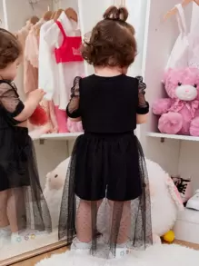 Baby Girl Mesh Puff Sleeve Top & Mesh Overlay Shorts - Black - View 2