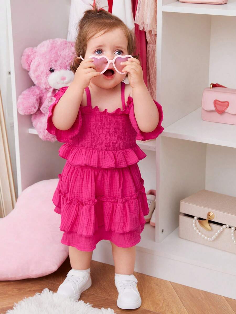 嬰兒挖肩荷葉邊荷葉袖上衣和層疊下擺半身裙 - 玫紅色 - 查看 1