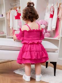 嬰兒挖肩荷葉邊荷葉袖上衣和層疊下擺半身裙 - 玫紅色 - 查看 2