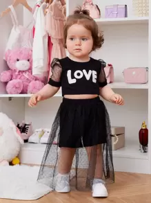Baby Girl Mesh Puff Sleeve Top & Mesh Overlay Shorts - Black - View 4