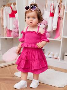 嬰兒挖肩荷葉邊荷葉袖上衣和層疊下擺半身裙 - 玫紅色 - 查看 4