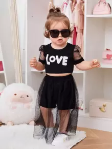 Baby Girl Mesh Puff Sleeve Top & Mesh Overlay Shorts - Black - View 5