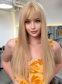 長款直筒人造假髮帶劉海 - 金色 - 查看 1