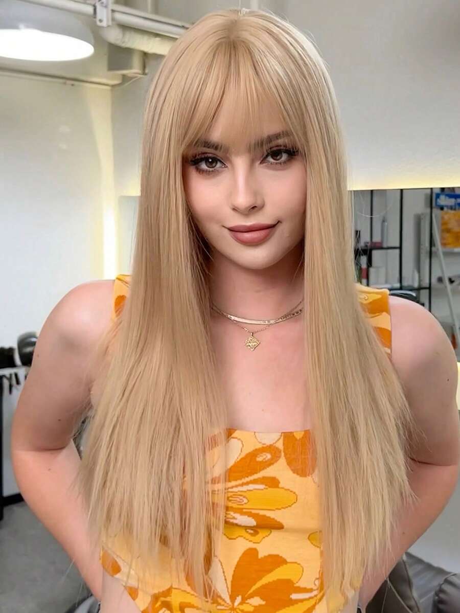 長款直筒人造假髮帶劉海 - 金色 - 查看 1