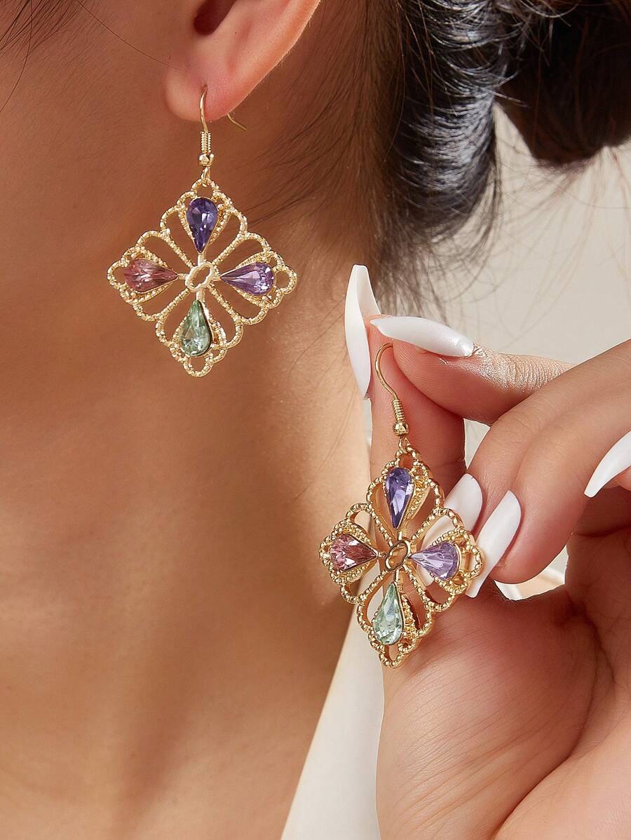 1 Đôi Thời Trang Đá Khảm Nhiều Màu Sắc Hình Kim Cương Rỗng Ra Bông Tai Giọt - Vàng - Xem 1