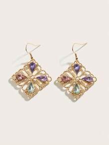 1 Đôi Thời Trang Đá Khảm Nhiều Màu Sắc Hình Kim Cương Rỗng Ra Bông Tai Giọt - Vàng - Xem 3