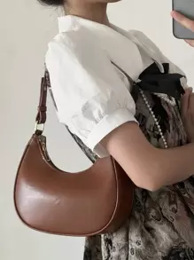 新款時尚簡約大氣新月形狀亮面休閒經典日常通勤可拆式單肩斜跨包 - 咖啡棕 - 查看 3