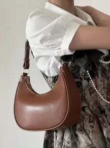 新款時尚簡約大氣新月形狀亮面休閒經典日常通勤可拆式單肩斜跨包 - 咖啡棕 - 查看 5