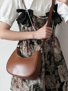 新款時尚簡約大氣新月形狀亮面休閒經典日常通勤可拆式單肩斜跨包 - 咖啡棕 - 查看 6