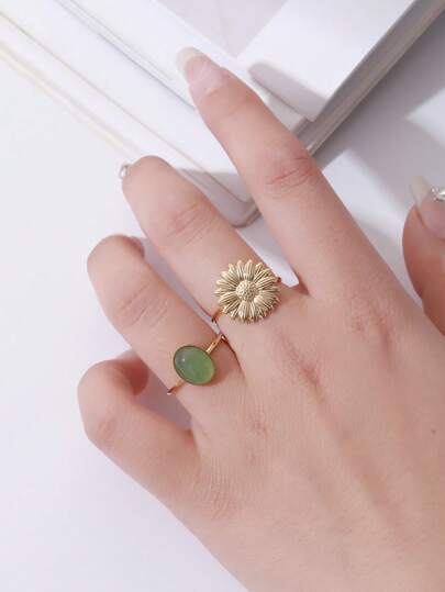 2 件 14k 镀金时尚多巴胺风格，巴洛克图案天然石花装饰开口戒指，适合女性日常使用或礼物情人节、妈妈、母亲、母亲节、礼物