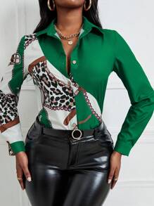 SHEIN SXY Áo sơ mi nữ Nút phía trước In hoa Báo Họa tiết Chain Giải trí - Nhiều màu - Xem 1