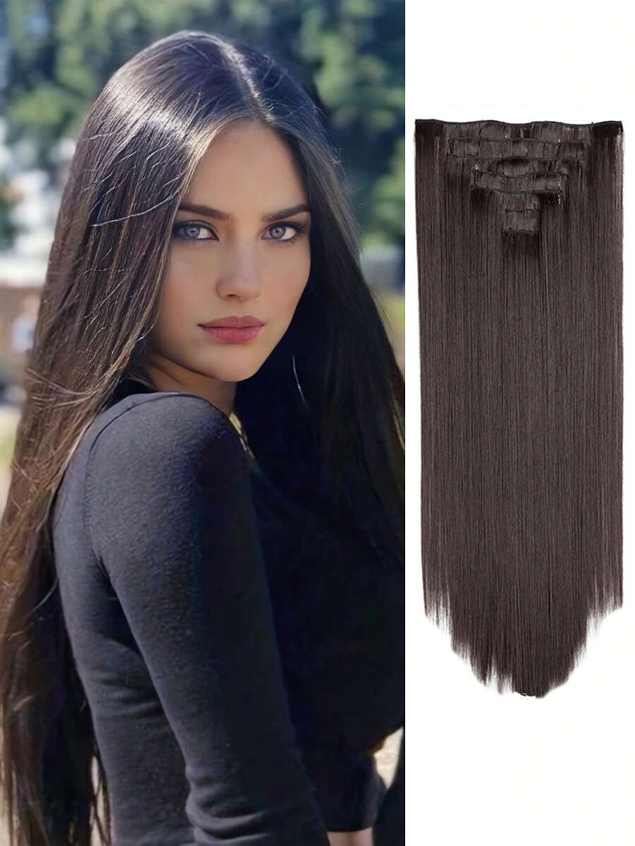 22 Inch Kẹp Trong Phần Mở Rộng Tóc Dài Thẳng 7 Chiếc Vô Hình Kẹp Dày Bộ Tóc Giả Màu Đen Phần Lông Mềm Toàn Đầu Sợi Tổng Hợp dành Cho Nữ - màu nâu - Xem 1