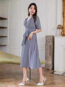 DAZY Solid Ruched Surplice Neck Belted Dress - Blue - View 8