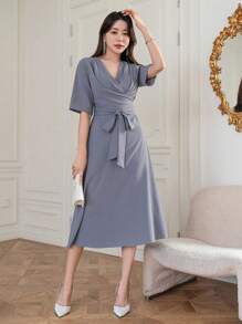 DAZY Solid Ruched Surplice Neck Belted Dress - Blue - View 6