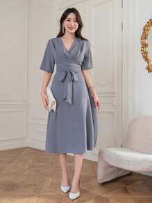 DAZY Solid Ruched Surplice Neck Belted Dress - Blue - View 7
