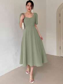 DAZY 素色泡泡袖A字連衣裙 - 綠色 - 查看 3