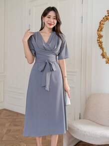 DAZY Solid Ruched Surplice Neck Belted Dress - Blue - View 5