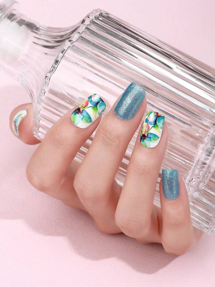 Beauty Sticker 1張花朵圖案美甲貼紙和1入組指甲銼 - 彩色 - 查看 1