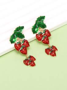 1雙甜美風琺瑯樹葉和草莓吊墜耳環適用於女士日常穿著配件 - 彩色 - 查看 1