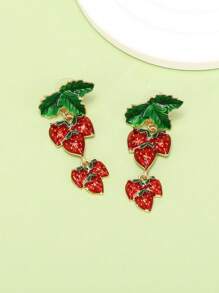 1雙甜美風琺瑯樹葉和草莓吊墜耳環適用於女士日常穿著配件 - 彩色 - 查看 2