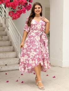 大碼印花荷葉邊圍裹繫腰帶洋裝 - 粉色 - 查看 3