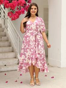 大碼印花荷葉邊圍裹繫腰帶洋裝 - 粉色 - 查看 5