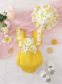 嬰兒檸檬圖案荷葉邊前蝴蝶結背帶連體衣 - 黃色 - 查看 1